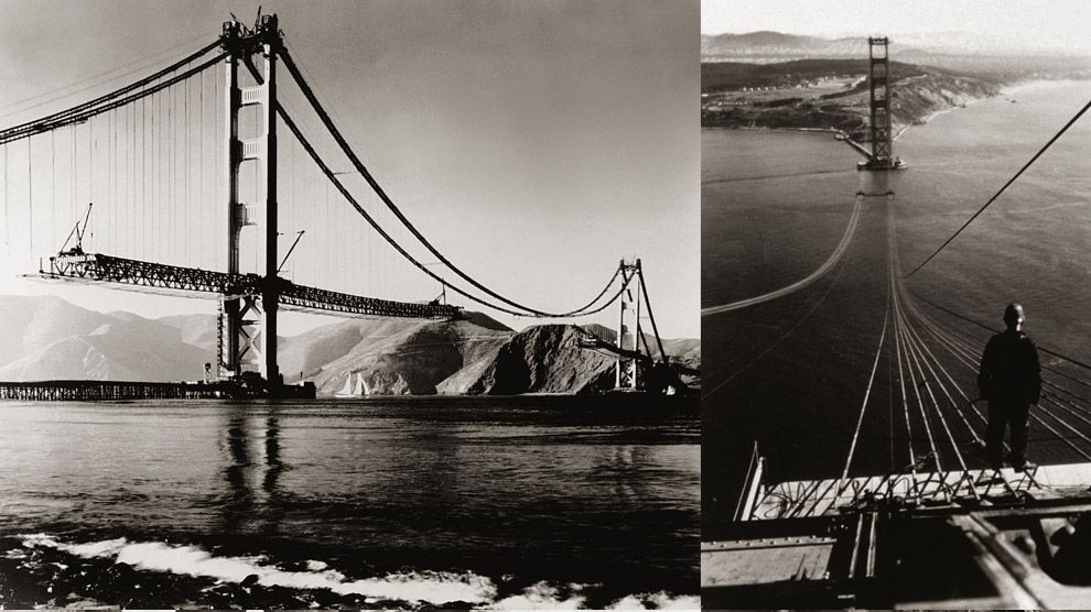 Construction underway on the Golden Gate Bridge and San Francisco - Oakland Bay Bridge