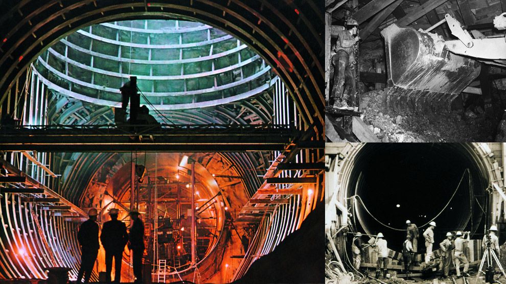 Interior views of tunneling projects in progress